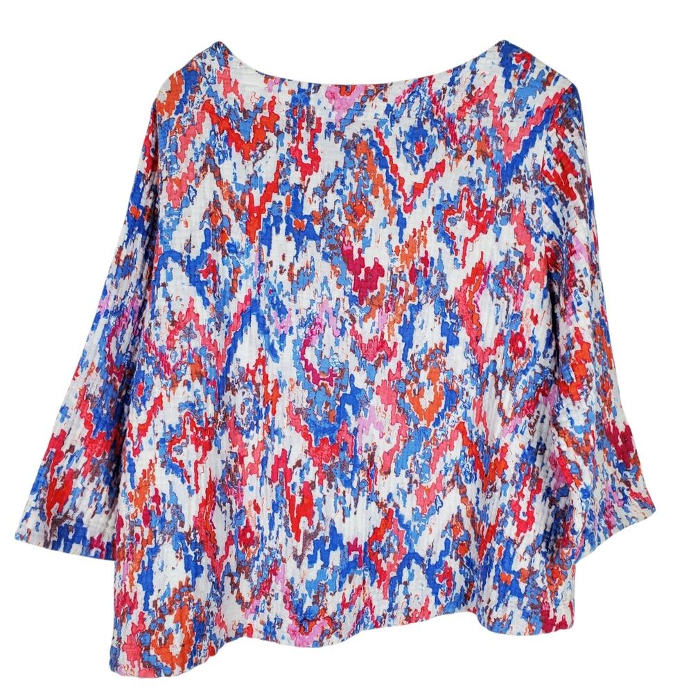 Habitat Seaside Double Cloth Gauze Pullover Top Lg 3/4 Sleeve Ikat Red Pink Blue - Picture 3 of 12